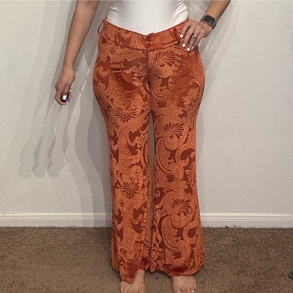 Urban Outfitters Orange Velvet Paisley Flare Pants Sz 6 - Picture 1 of 12